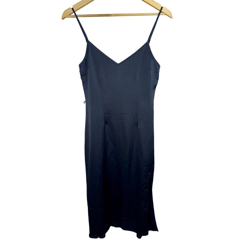 Abercrombie & Fitch Black Satin Slit Sleeveless Slip Midi Dress Womens Size XS